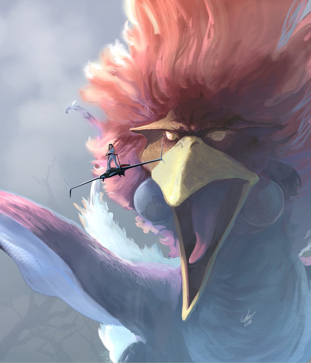 1girl, aircraft, flying, kaijuu, kean_keats, long_hair, open_mouth, outdoors