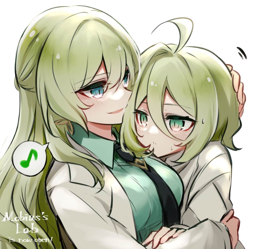 2girls, :d, antenna_hair, bangs, black_necktie, closed_mouth, coat, green_eyes