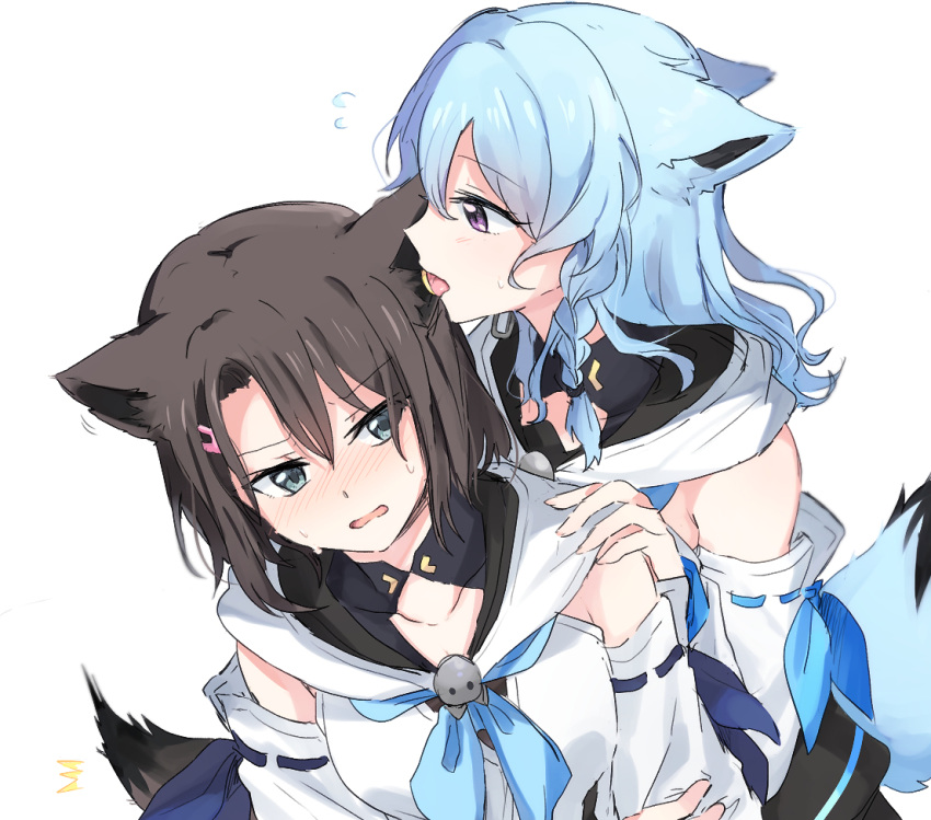2girls, animal_ears, aoiro_050, bang_dream!, bangs, black_hair, blue_hair, blue_neckerchief