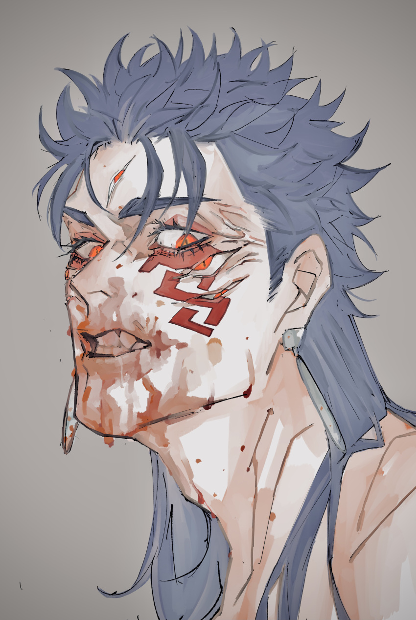 1boy, absurdres, adam's_apple, angry, blood, blood_on_face, blue_hair, close-up
