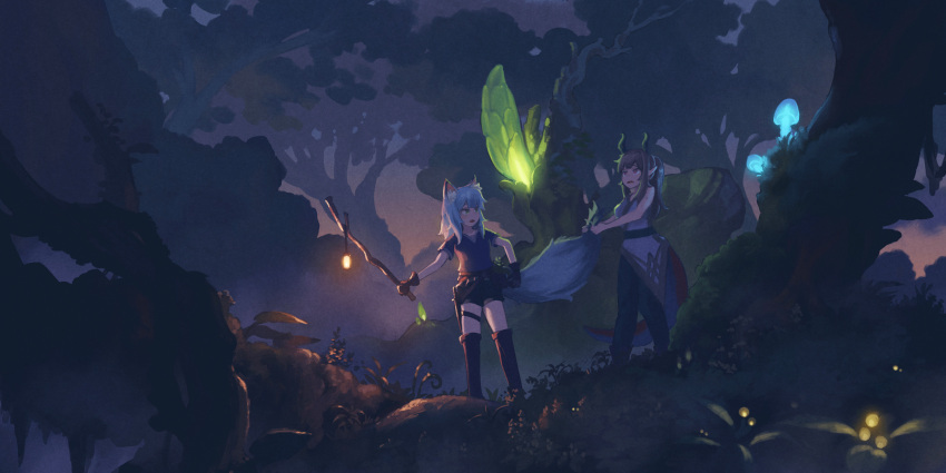 2girls, animal_ear_fluff, animal_ears, belt, belt_pouch, bioluminescence, black_pants, black_shorts