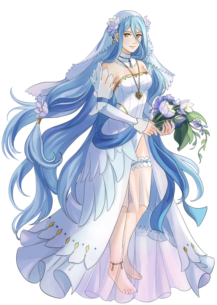 1girl, absurdres, anklet, azura_(fire_emblem), bare_shoulders, barefoot, blue_hair, bouquet, dress, fire_emblem, fire_emblem_fates, flower, garter_belt, highres, jewelry, leg_garter, long_hair, looking_at_viewer, see-through, smile, tamafry, veil, very_long_hair, white_background, white_dress, white_flower, white_sleeves, yellow_eyes
