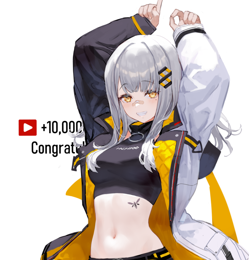 1girl, arms_up, bandaid, bandaid_on_nose, black_shirt, breasts, crop_top, grey_hair