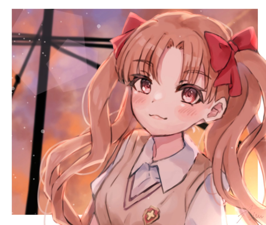 1girl, :3, bangs, blush, bow, breasts, brown_hair, collared_shirt