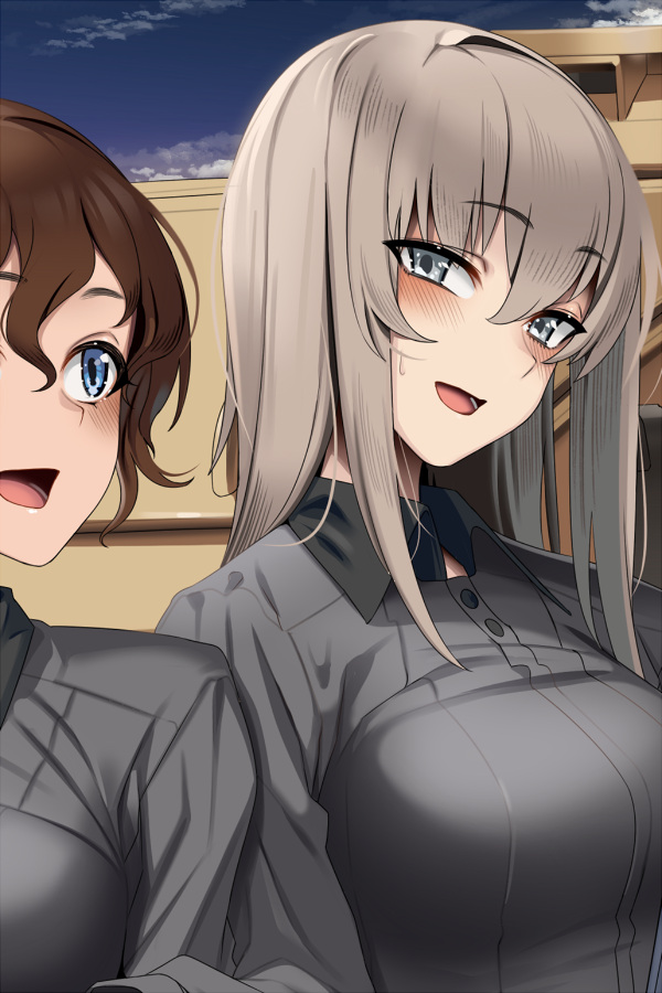 2girls, :d, akaboshi_koume, blue_eyes, blue_sky, blush, breasts, brown_hair