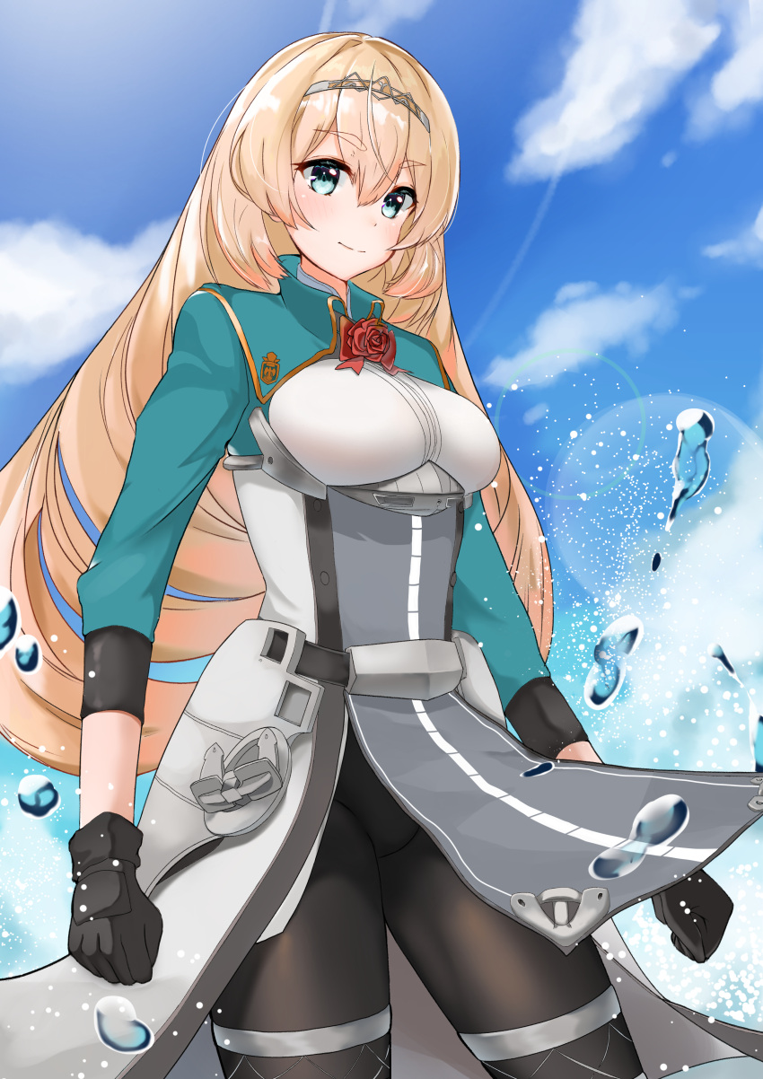 1girl, absurdres, aqua_eyes, black_gloves, black_legwear, blonde_hair, blue_sky, breasts