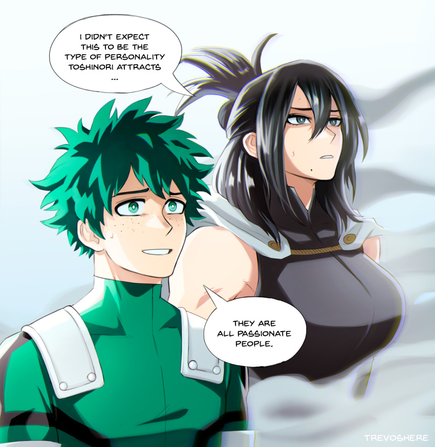 1boy, 1girl, bangs, bare_shoulders, black_bodysuit, black_hair, bodysuit, boku_no_hero_academia