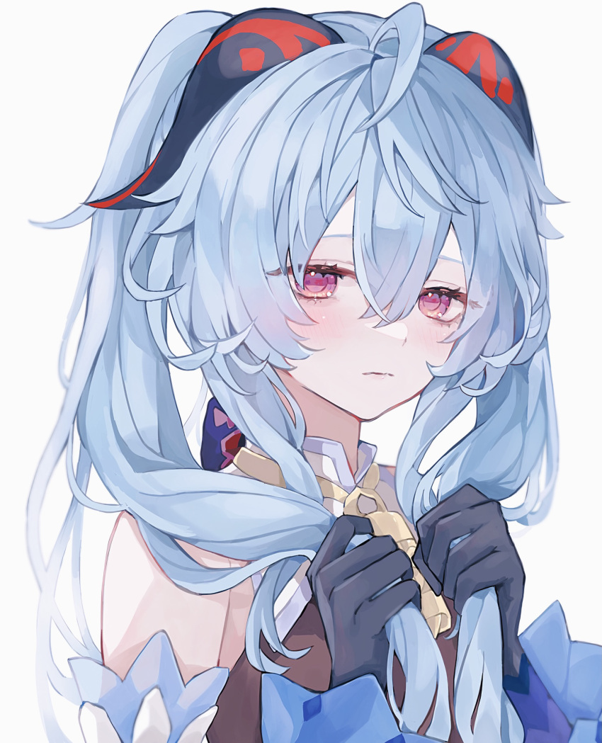 ahoge, alternate_hairstyle, bangs, bare_shoulders, bell, black_gloves, blue_hair, blush