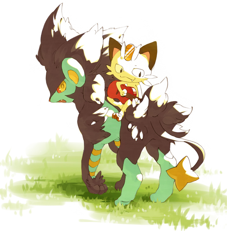 emunise, guitar, instrument, luxray, meowth, no_humans, pokemon, pokemon_(creature)