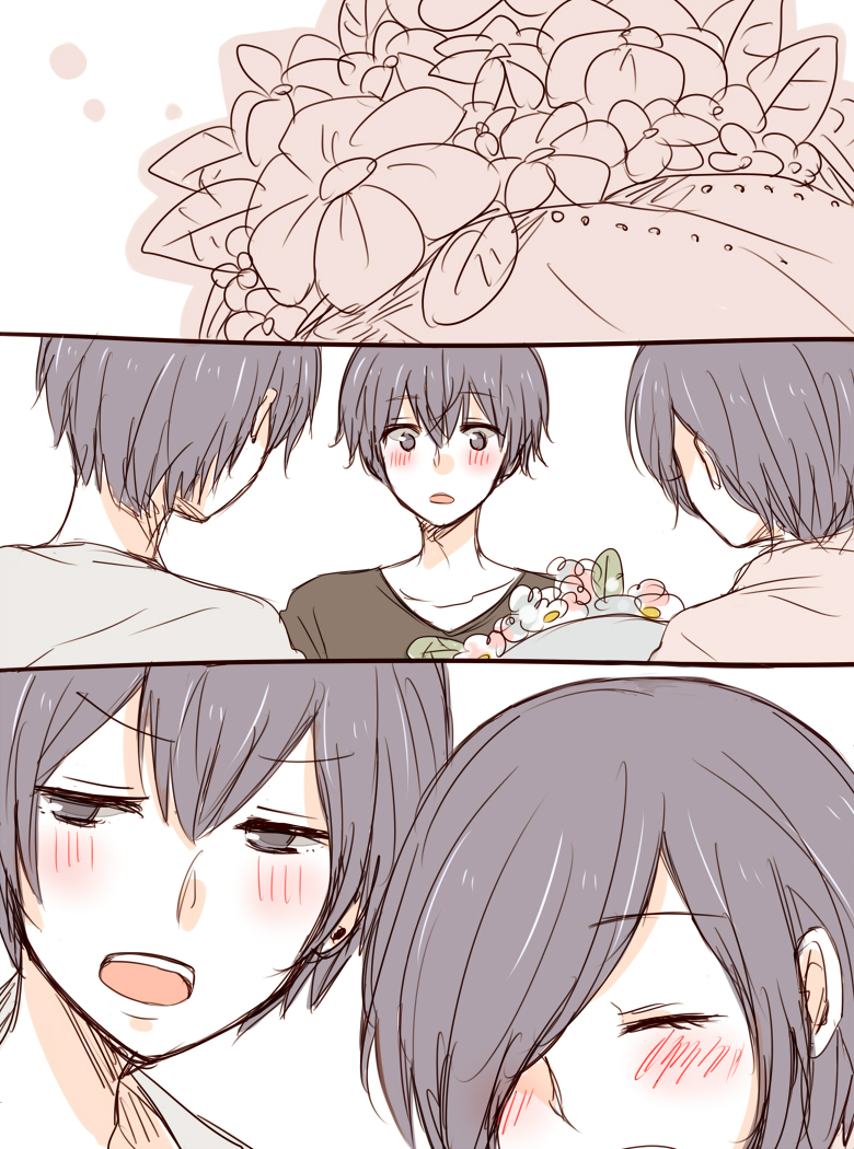 1girl, 2boys, :o, bangs, blush, bouquet, brother_and_sister, brown_shirt