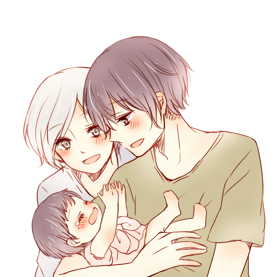 1boy, 2girls, :d, arms_up, baby, bangs, black_hair, blush