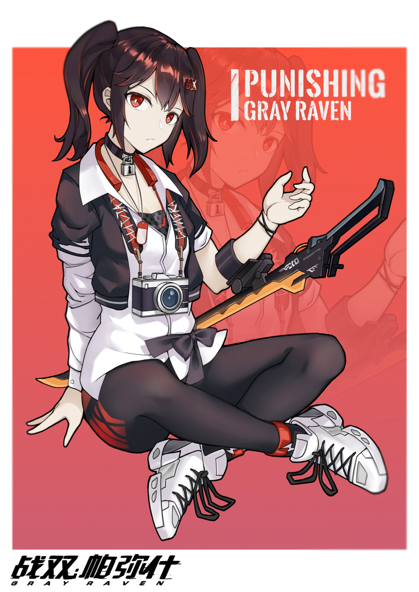 1girl, asymmetrical_sleeves, bangs, black_legwear, border, camera, choker, closed_mouth