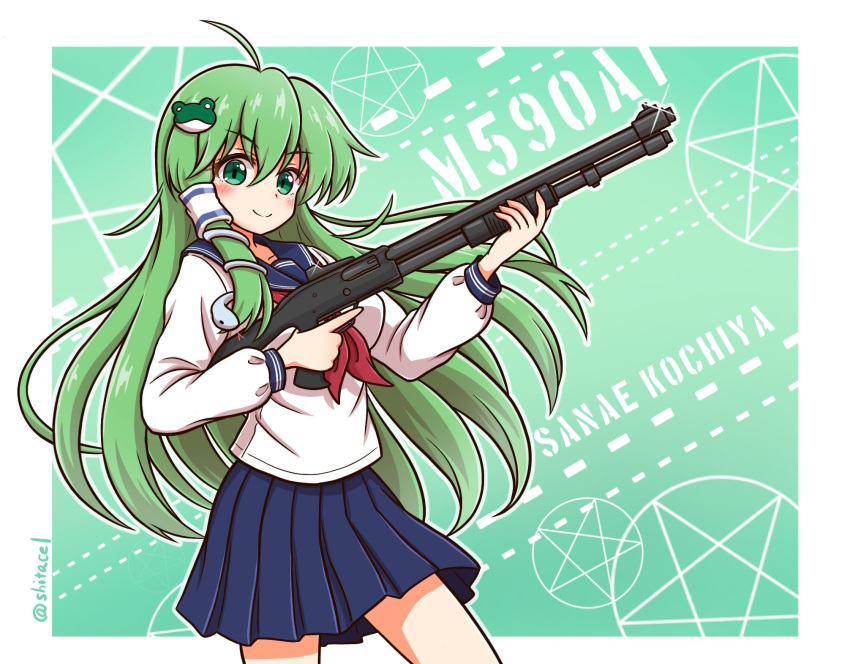 1girl, ahoge, assault_rifle, bangs, blue_serafuku, blue_skirt, blush, border