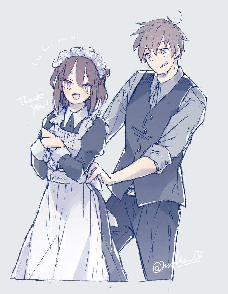 1boy, 1girl, apron, axis_powers_hetalia, black_dress, black_vest, czech_republic_(hetalia), dress