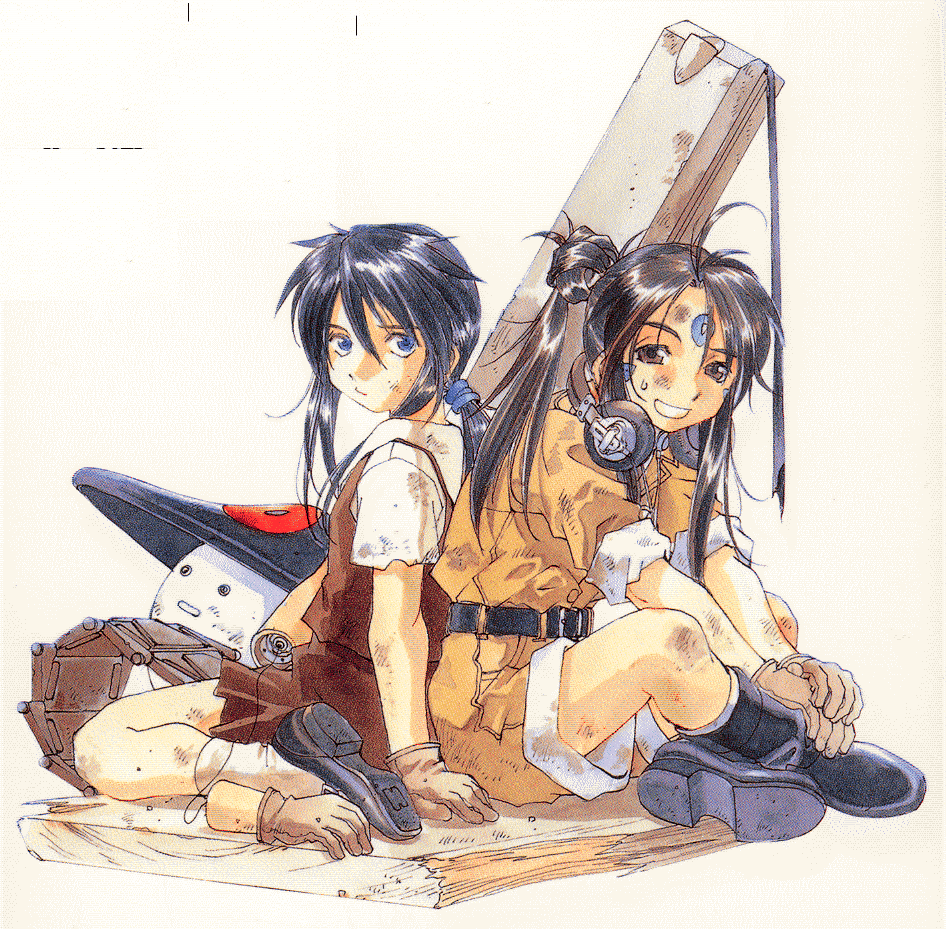 2girls, aa_megami-sama, black_hair, facial_mark, goddess, ponytails, robot, sigel