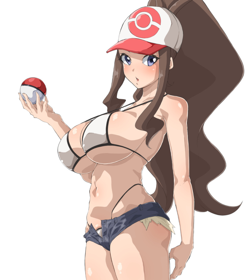 1girl, baseball_cap, blue_eyes, breasts, brown_hair, curly_hair, denim, denim_shorts