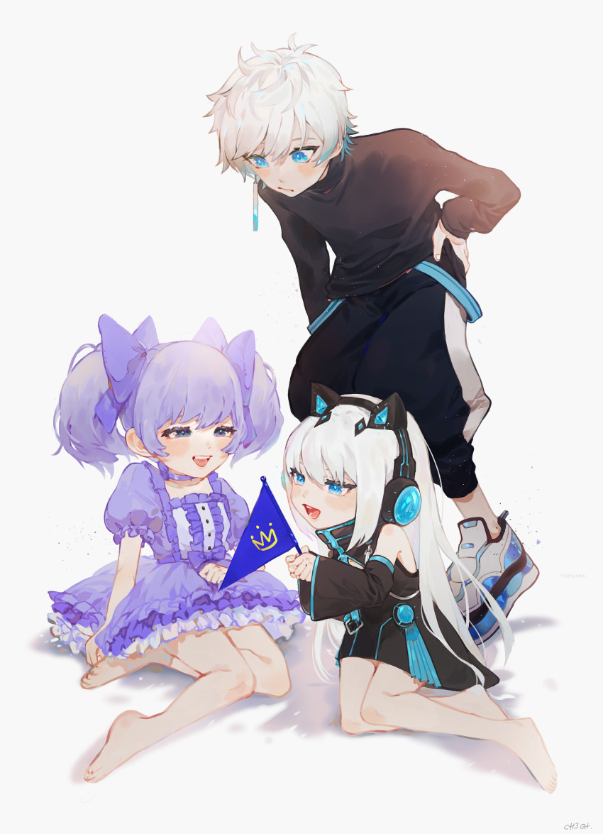 1boy, 2girls, absurdres, aqua_hair, barefoot, black_dress, black_pants, black_sweater