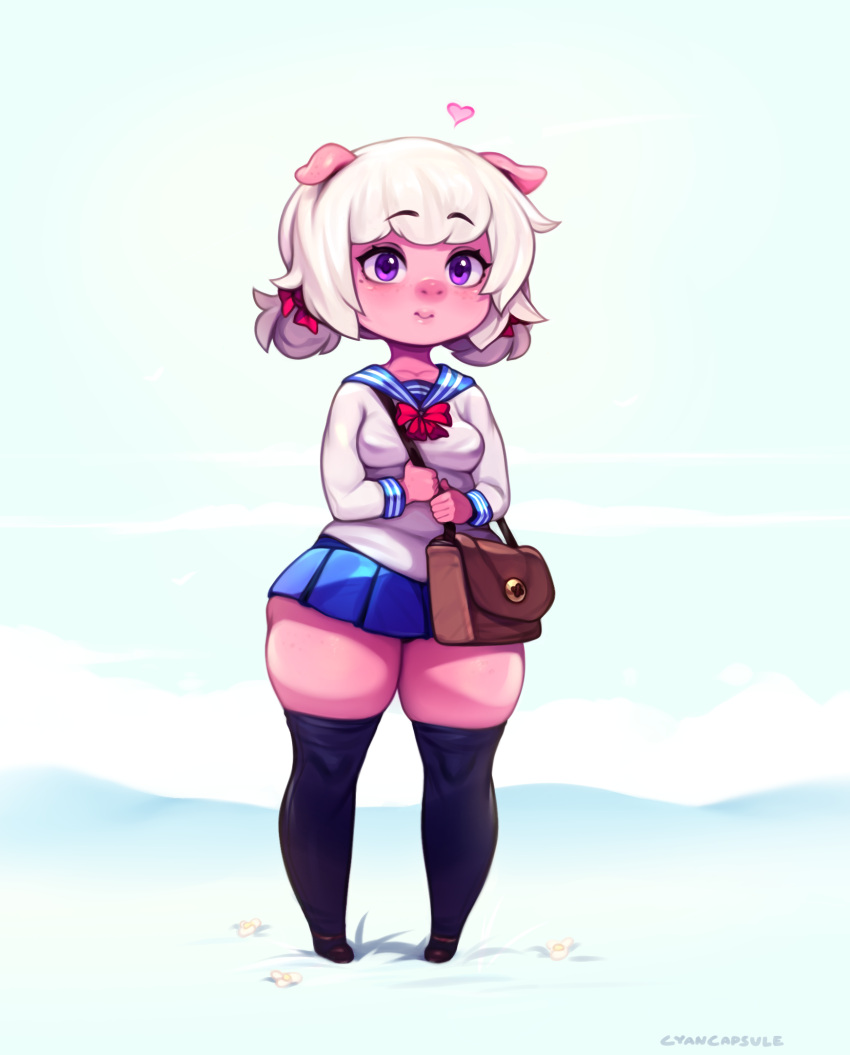 1girl, bag, blue_sailor_collar, bow, bowtie, closed_mouth, colored_skin, commentary