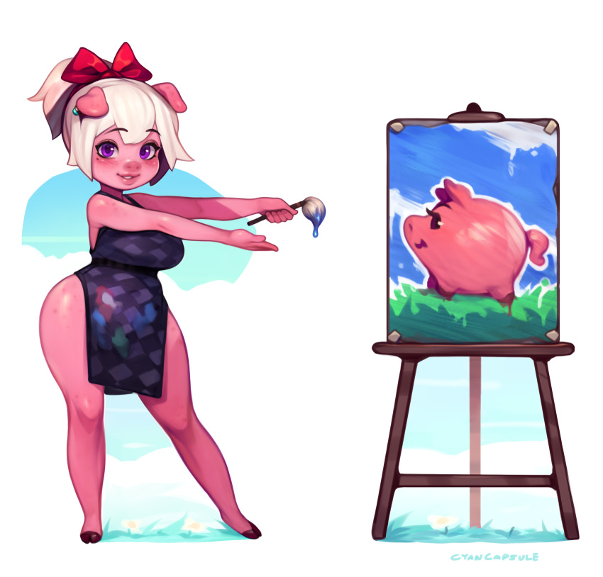 1girl, animal_ears, blonde_hair, blush, bow, breasts, colored_skin, contrapposto