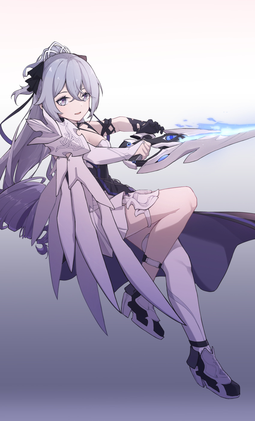 1girl, :d, absurdres, asymmetrical_gloves, bangs, black_gloves, bronya_zaychik, dress