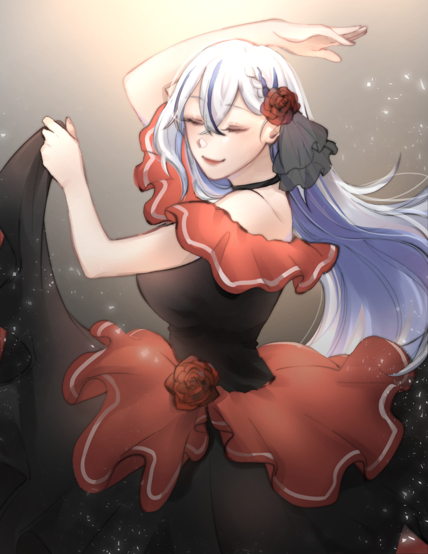 1girl, bare_shoulders, black_dress, blush, breasts, closed_eyes, closed_mouth, dancing