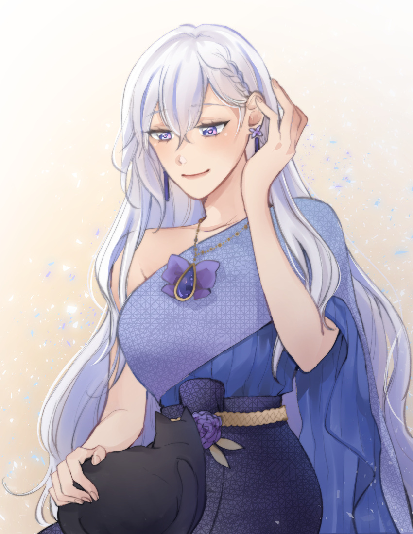 1girl, arm_support, belt, black_cat, black_skirt, blue_shirt, blush, bracelet