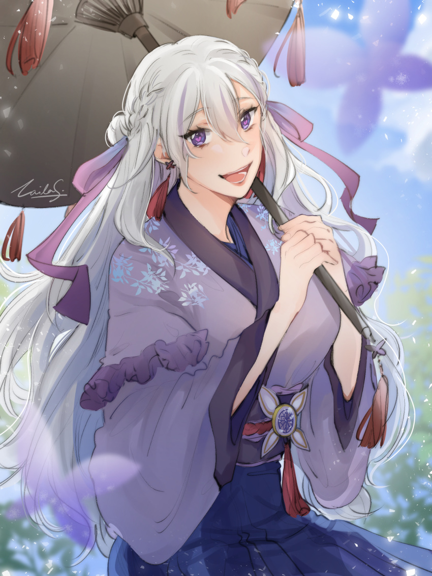 1girl, blue_skirt, breasts, bug, butterfly, eyebrows_visible_through_hair, eyelashes, grey_hair