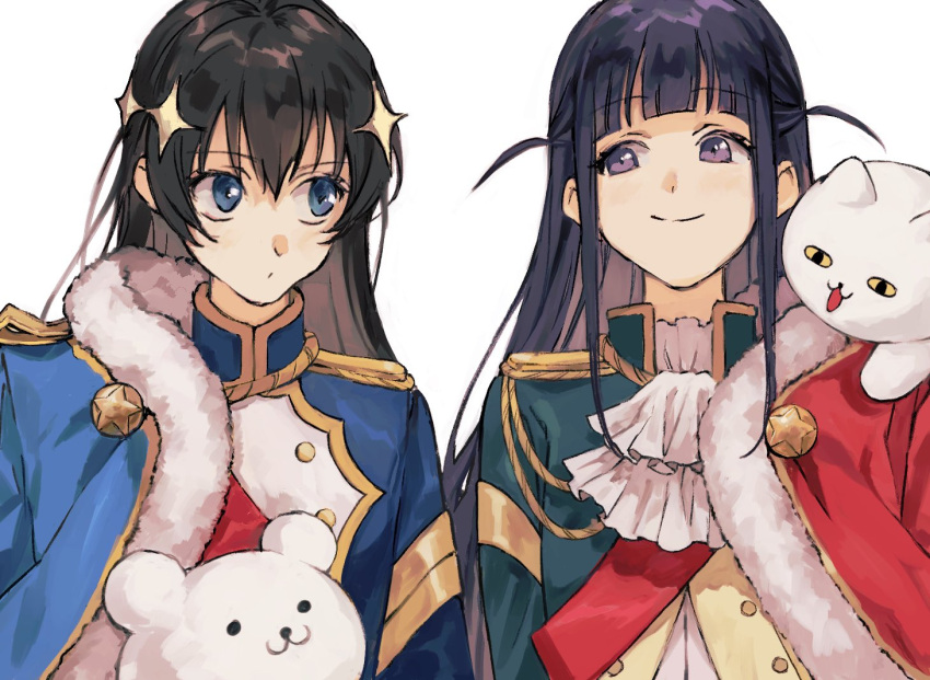2girls, aiguillette, arm_at_side, ascot, bangs, black_hair, blue_eyes, blue_jacket