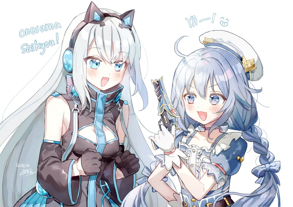 2girls, beret, black_dress, black_gloves, blue_bow, blue_eyes, blue_hair, bow