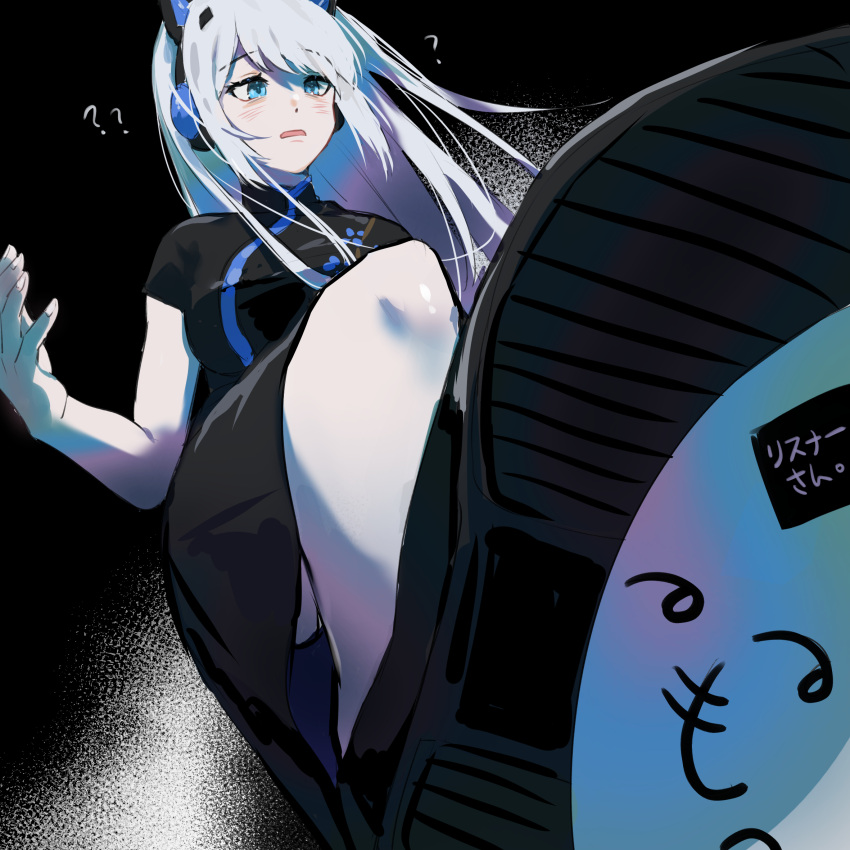1girl, ?, ??, black_dress, black_footwear, blue_eyes, breasts, cat_ear_headphones, ch3ch, china_dress, chinese_clothes, chinese_commentary, confused, dress, eyebrows_visible_through_hair, floating_hair, from_below, headphones, highres, looking_down, medium_breasts, open_hand, open_mouth, original, restya, shoe_soles, silver_hair, solo