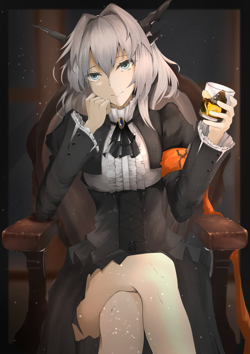 1girl, absurdres, alcohol, arknights, armchair, bare_legs, black_dress, black_horns, blue_eyes, breasts, chair, closed_mouth, crossed_legs, cup, dress, eyebrows_visible_through_hair, farena, feet_out_of_frame, hand_on_own_face, highres, holding, holding_cup, horns, long_hair, silver_hair, simple_background, sitting, smile, solo, talulah_(arknights), upper_body, whiskey