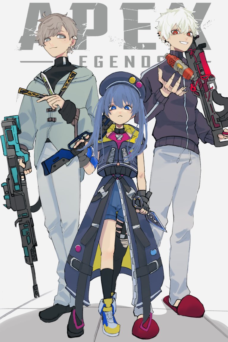 1girl, 2boys, apex_legends, assault_rifle, bangs, beret, black_headwear, black_jacket