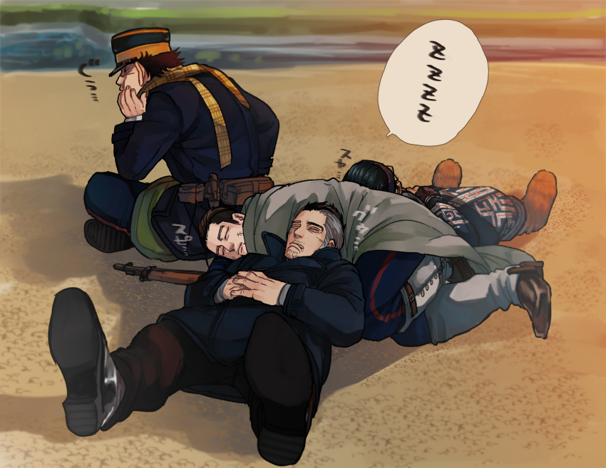 4boys, ainu_clothes, black_eyes, black_hair, commentary_request, facial_hair, foreshortening, gaiters