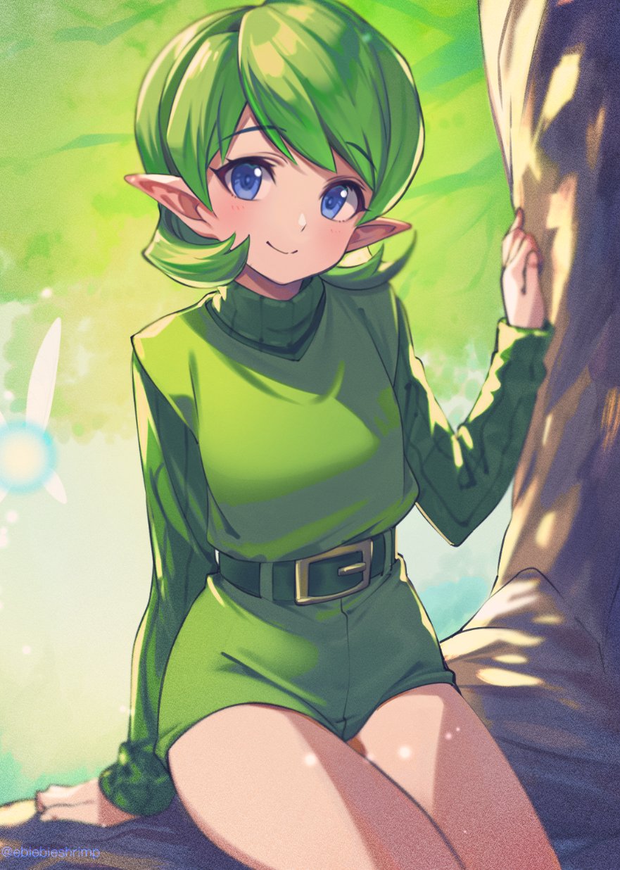 1girl, belt, blue_eyes, blush, commentary, dress, elf, green_belt