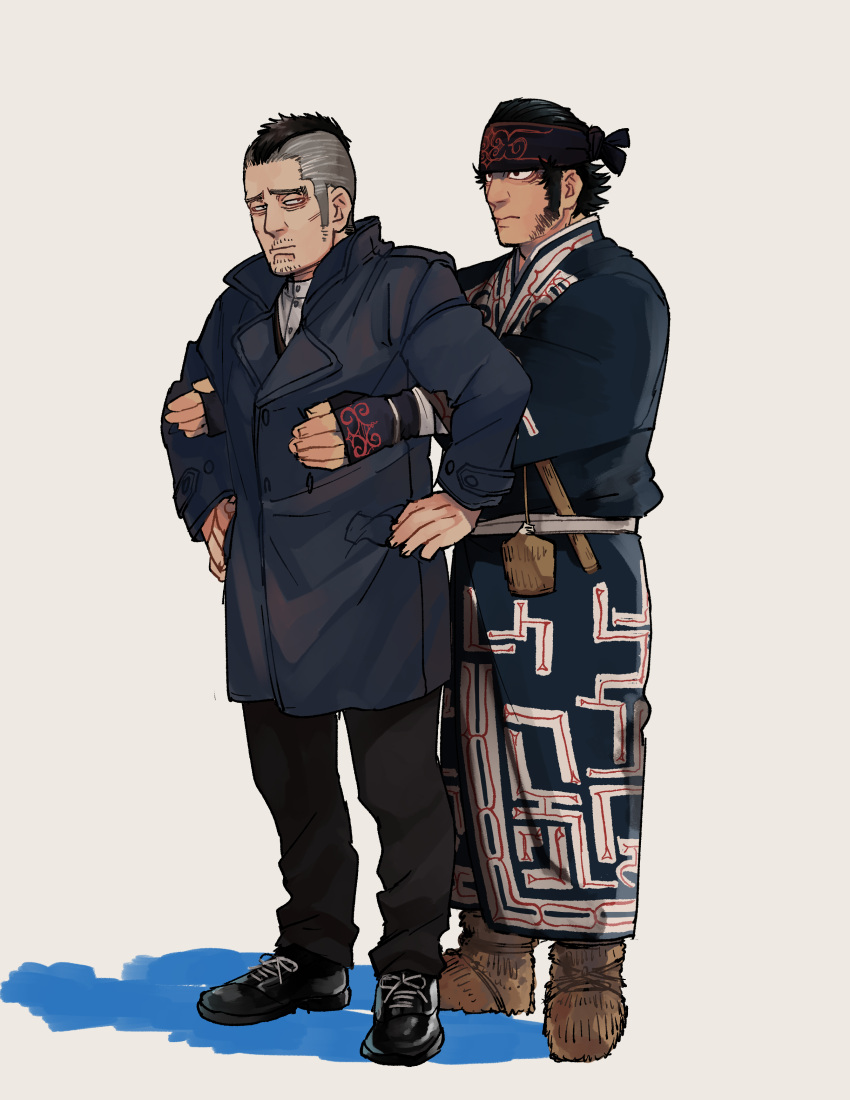 2boys, absurdres, ainu_clothes, black_eyes, black_hair, blue_coat, blue_kimono, coat, commentary_request, facial_hair, full_body, golden_kamuy, headband, highres, hug, hug_from_behind, japanese_clothes, kadokura_(golden_kamuy), kimono, kirawus_(golden_kamuy), long_sideburns, long_sleeves, male_focus, mohawk, multiple_boys, s10125, short_hair, sideburns, standing, stubble