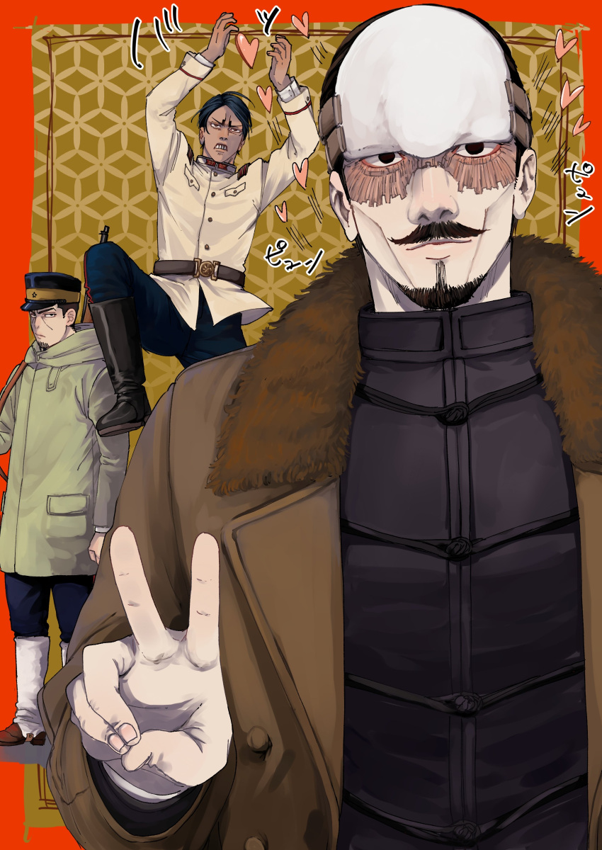 3boys, absurdres, black_eyes, black_hair, black_jacket, brown_coat, coat, collared_jacket
