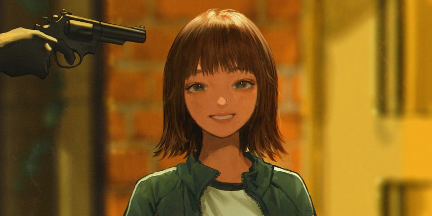 1girl, 1other, bangs, blurry, blurry_background, brown_eyes, brown_hair, commentary