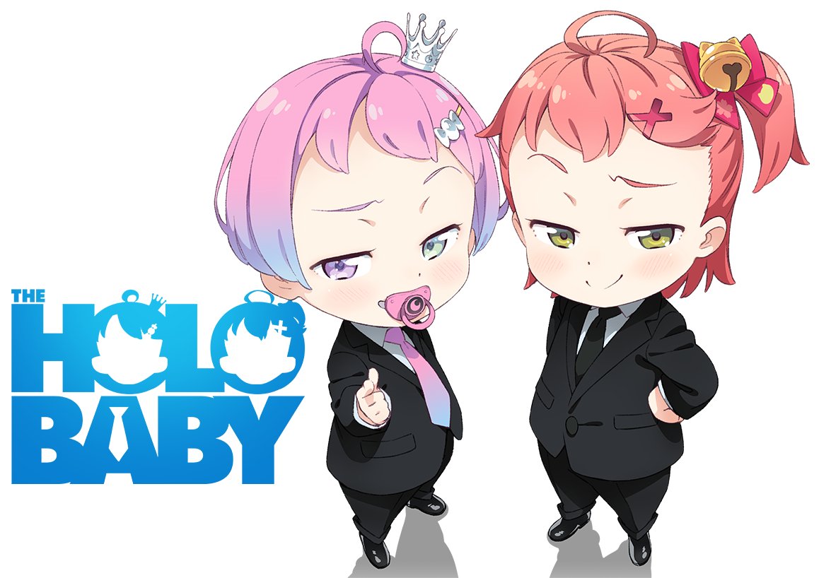 2girls, ahoge, baby, blue_hair, candy_hair_ornament, crown, food-themed_hair_ornament, formal, gradient_hair, hair_ornament, hand_on_hip, himemori_luna, hololive, kanzaki_hiro, logo_parody, mini_crown, multicolored_hair, multiple_girls, necktie, one_side_up, pacifier, parody, pink_hair, pointing, pointing_at_viewer, raised_eyebrow, sakura_miko, short_hair, smile, smug, suit, the_boss_baby, virtual_youtuber, x_hair_ornament, younger