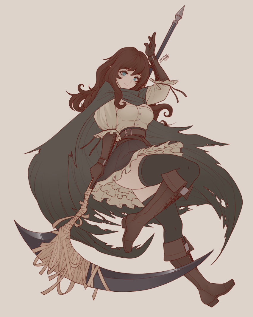1girl, beige_background, belt, black_cape, black_hair, black_legwear, black_skirt, blue_eyes, boots, borrowed_character, breasts, brown_footwear, brown_gloves, cape, commentary, commission, cross-laced_clothes, cross-laced_footwear, cross-laced_gloves, dated, elbow_gloves, english_commentary, frilled_skirt, frills, full_body, gloves, highres, knee_boots, long_hair, looking_at_viewer, medium_breasts, original, scythe, shirt, signature, simple_background, skirt, solo, thigh-highs, torn_clothes, white_shirt, zhvo