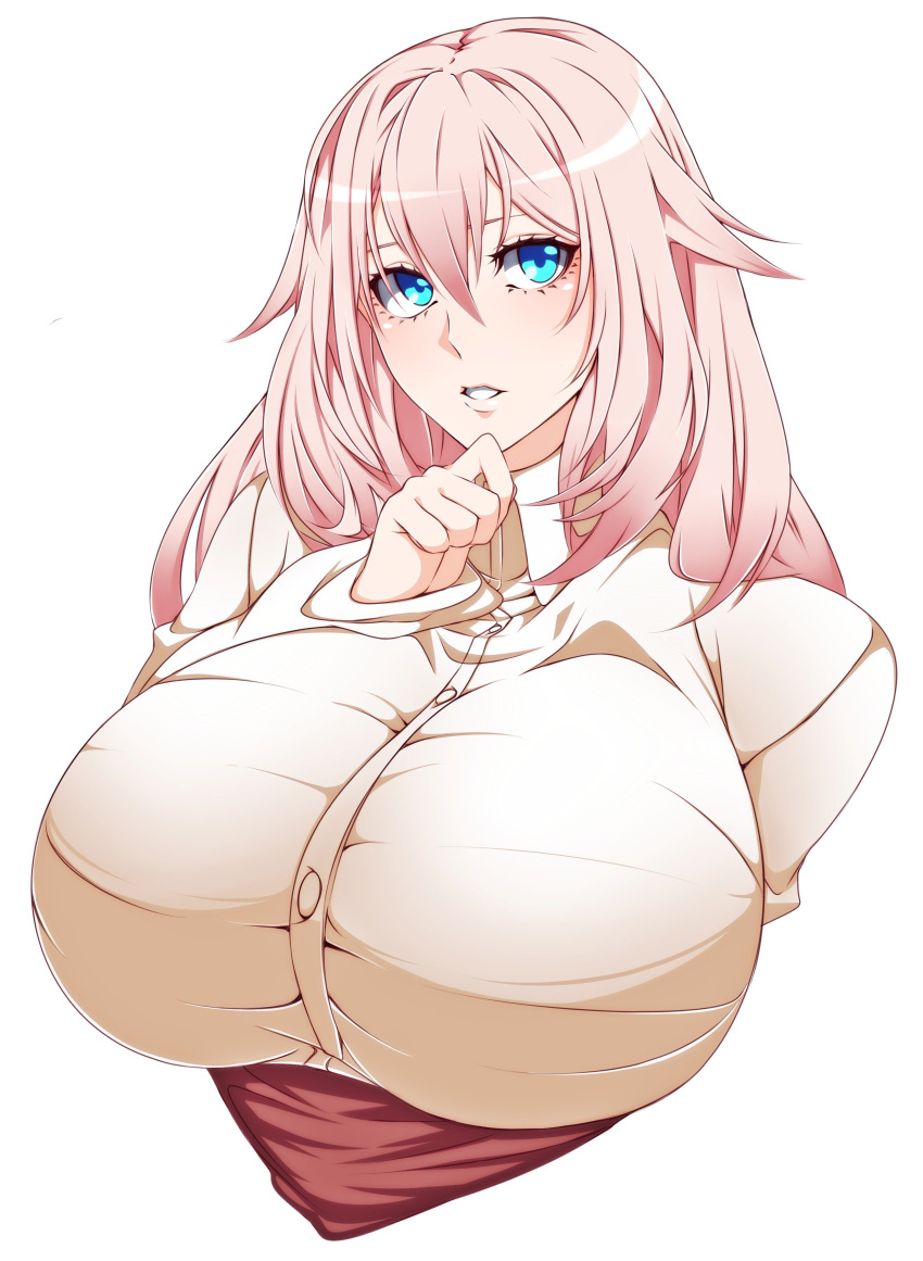 1girl, absurdres, blue_eyes, breasts, buttons, camui_kamui, curious, eyebrows