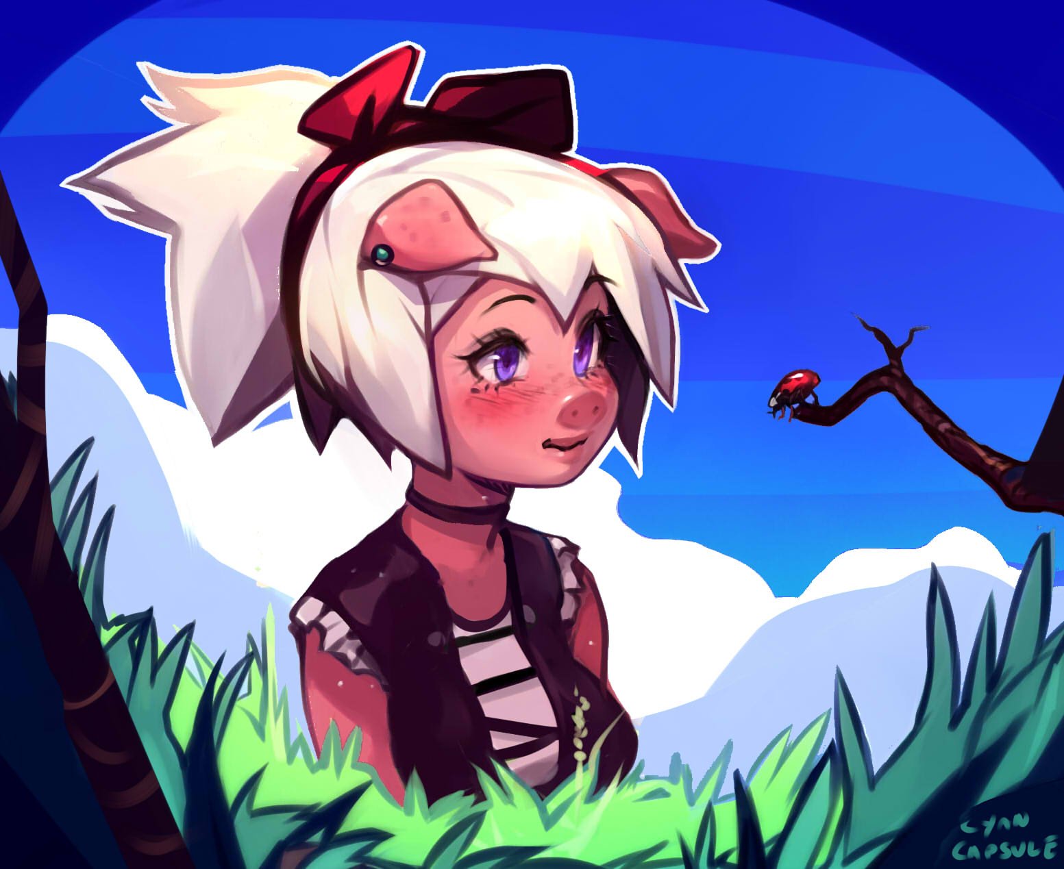 1girl, animal_ears, black_choker, black_vest, blue_sky, blush, bow, branch