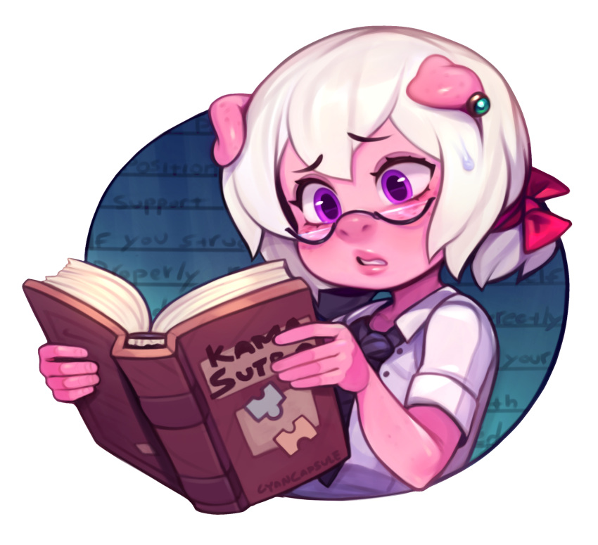 1girl, animal_ears, black_necktie, book, bow, collared_shirt, colored_skin, commentary, cyancapsule, emelie_(cyancapsule), english_commentary, english_text, furrowed_brow, furry, furry_female, hair_bow, highres, holding, holding_book, kama_sutra_(book), necktie, open_book, original, parted_lips, pig_ears, pink_skin, reading, semi-rimless_eyewear, shirt, short_sleeves, signature, solo, sweatdrop, under-rim_eyewear, upper_body, violet_eyes, white_hair, white_shirt, wing_collar