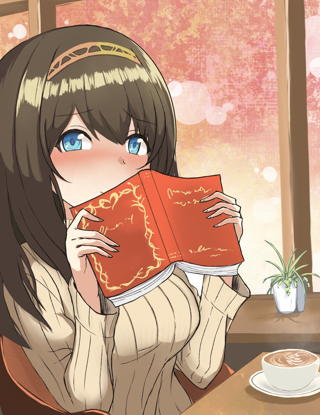 1girl, beige_sweater, blue_eyes, blush, book, brown_hair, commentary_request, covering_mouth