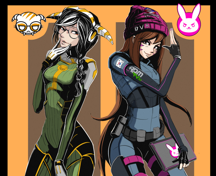 2girls, black_eyes, black_hair, bonnet, braid, brown_hair, computer, cosplay