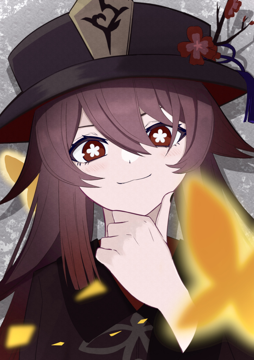 1girl, absurdres, bangs, black_headwear, blush, bug, butterfly, closed_mouth