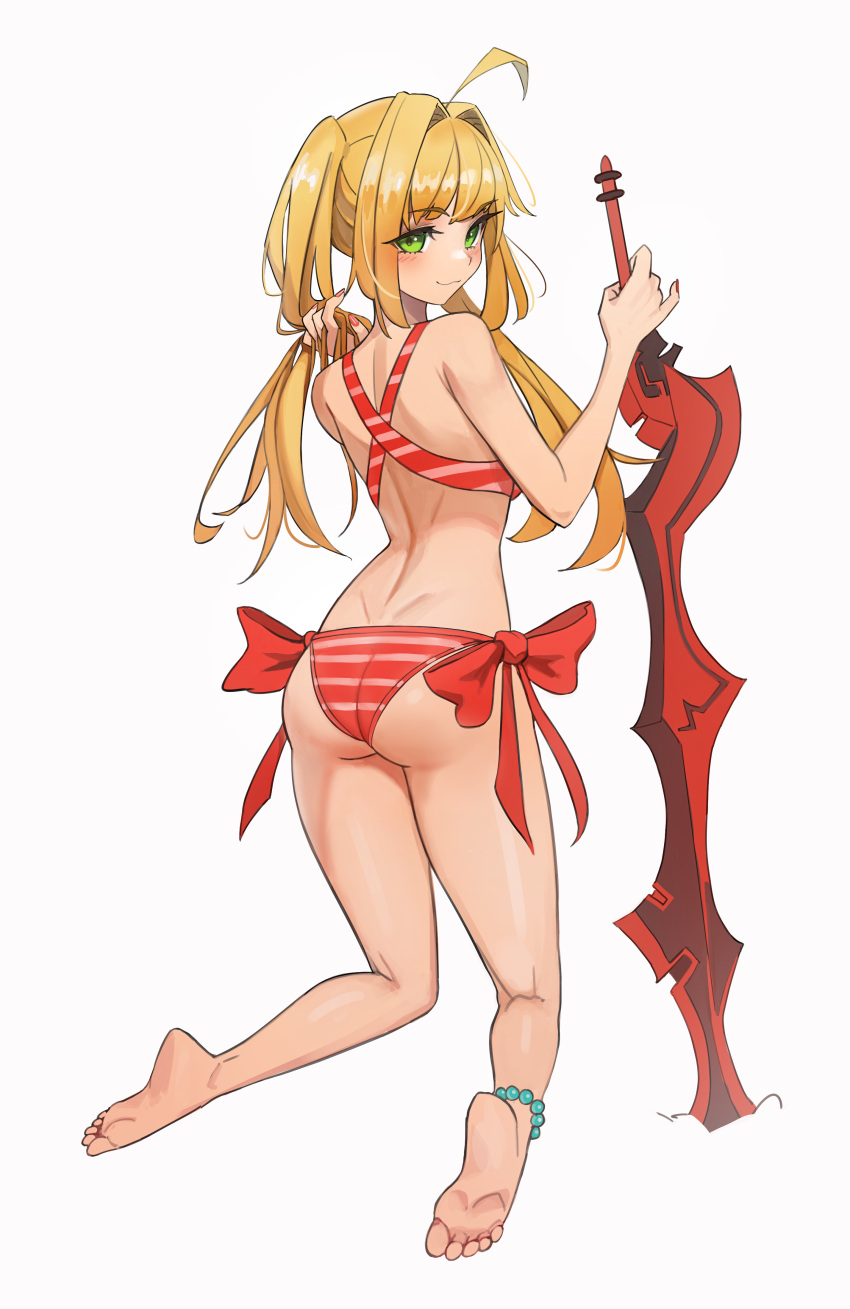 1girl, absurdres, aestus_estus, ahoge, ass, back, bangs, bare_shoulders, barefoot, bead_anklet, beads, bikini, blonde_hair, breasts, criss-cross_halter, earrings, fate/grand_order, fate_(series), feet, green_eyes, hair_between_eyes, hair_intakes, halterneck, highres, jewelry, kiritzugu, kneeling, large_breasts, legs, long_hair, looking_at_viewer, looking_back, navel, nero_claudius_(fate), nero_claudius_(swimsuit_caster)_(fate), red_bikini, side-tie_bikini, smile, soles, solo, striped, striped_bikini, swimsuit, sword, toes, twintails, weapon