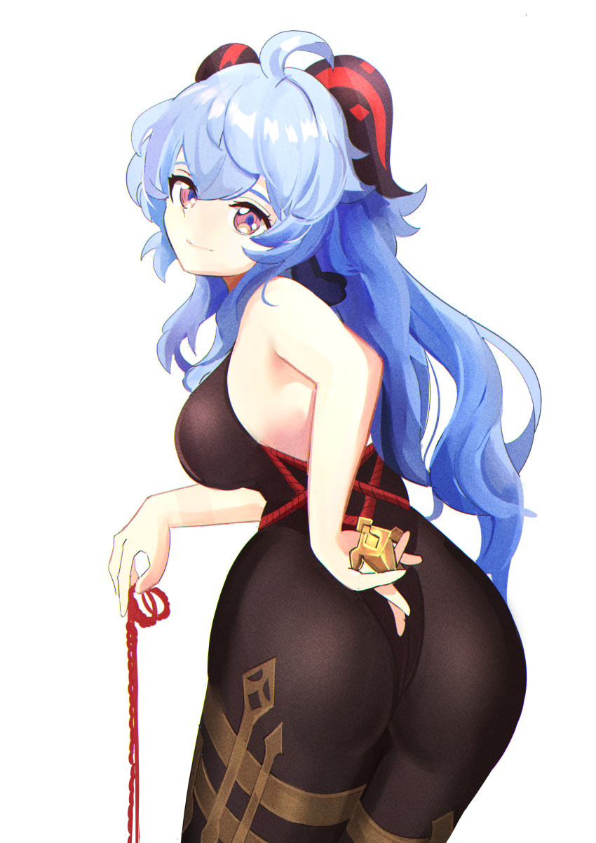 1girl, absurdres, ahoge, ass, bare_shoulders, black_gloves, black_legwear, blue_hair