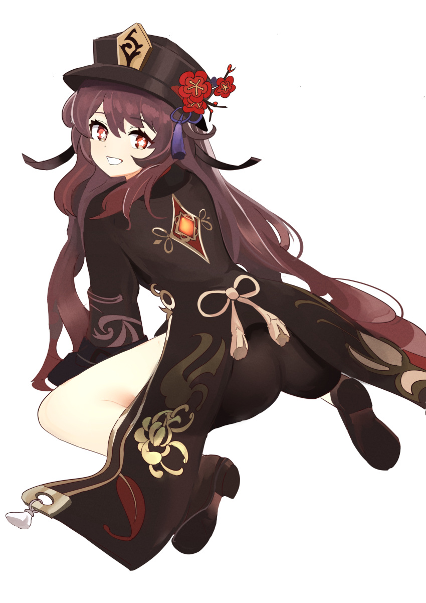 1girl, absurdres, ass, black_headwear, black_shorts, brown_hair, genshin_impact, hat