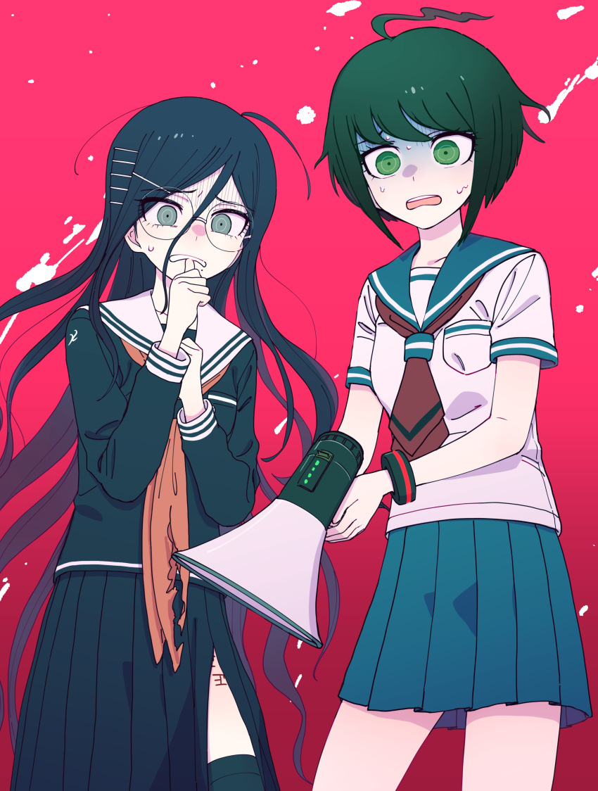 2girls, absurdres, ahoge, bangs, black_legwear, braid, brown_eyes, brown_hair