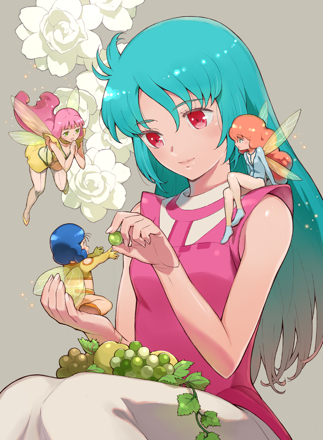 4girls, bel_al, blue_hair, blue_leotard, breasts, cham_fau, ciela_lapana, crop_top, dress, el_fino, fairy, fairy_wings, fantasy, flower, food, fruit, grapes, holding, holding_food, holding_fruit, in_palm, leotard, long_hair, medium_breasts, minigirl, mizunoto_kanae, multiple_girls, on_shoulder, orange_hair, own_hands_together, pink_eyes, pink_hair, seisenshi_dunbine, shorts, sitting, small_breasts, smile, white_flower, wings, yellow_dress, yellow_shorts